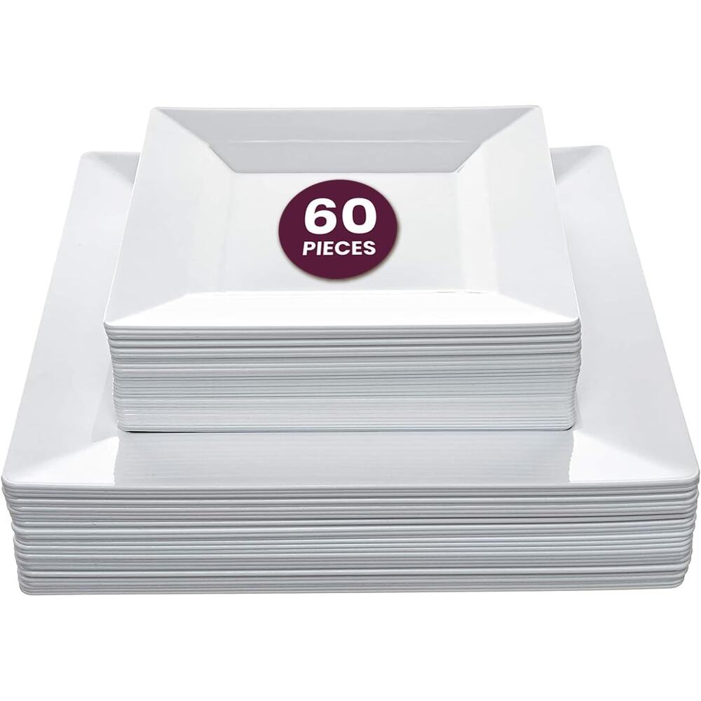 60ct Square Plastic Disposable Plates, White, 9.5-In 30, 6.5-In 30, Heavy-Duty